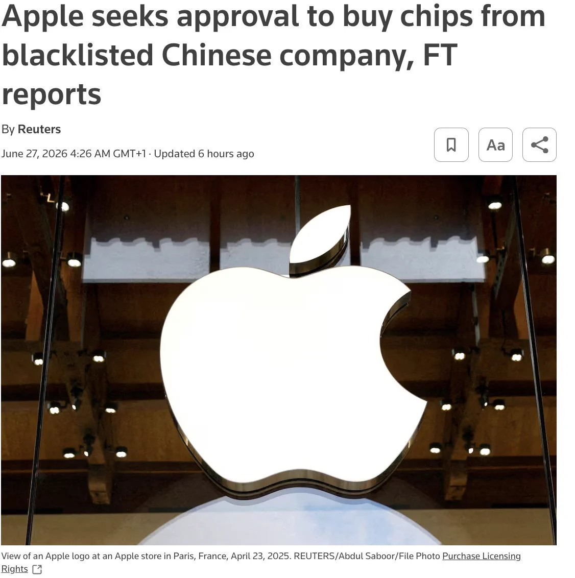 $AAPL ขออนุมัติซื้อแรมจากผู้ผลิตจีนในบัญชีดำ กระทบตำแหน่ง $MU $SNDK