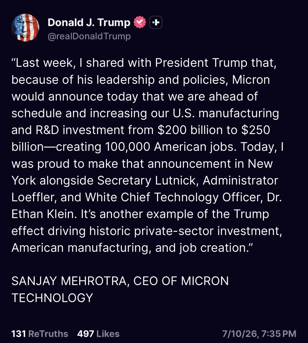 Micron $MU: ทรัมป์แชร์แถลงการณ์ CEO นัยต่อกลุ่มเซมิคอนดักเตอร์