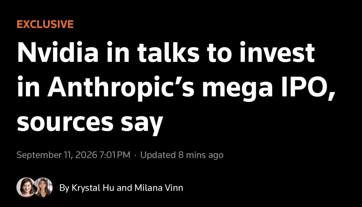 Nvidia ($NVDA) จ่อลงทุน 1 หมื่นล้านดอลลาร์ใน IPO ของ Anthropic มูลค่า 2 ล้านล้านดอลลาร์